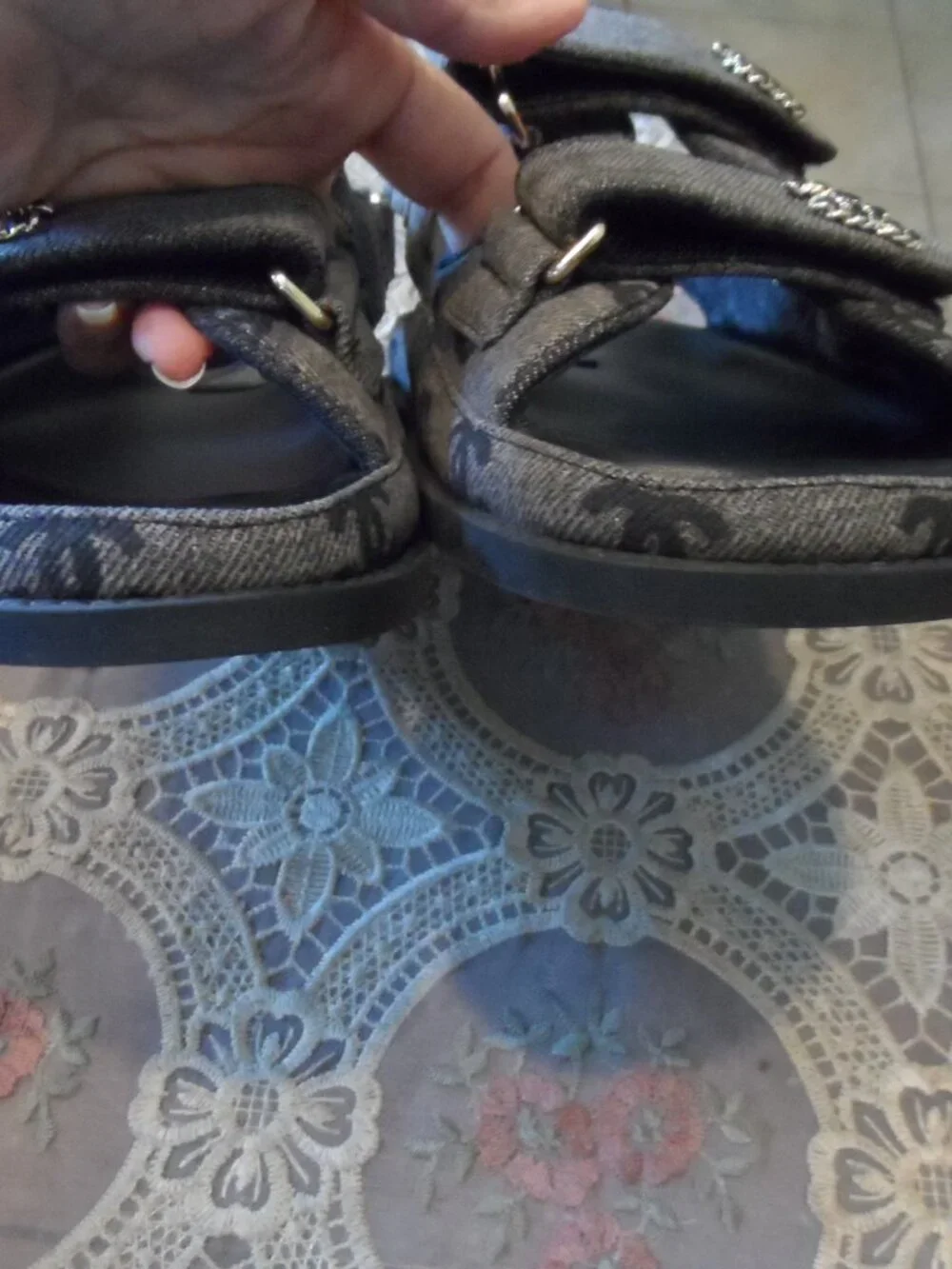 New Chanel Gray Signature Jacquard Grandpa Sandals Size 38.5B